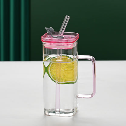 6 Pcs Glass Straw Cup, 6 Colors Square Glass Cup with Straw and Lid, High Borosilicate Glass Cup, Milk Cup, Juice Cup, Cold Drink Cup, Coffee Cup, Tea Cup, Office Cup, Gift Cup