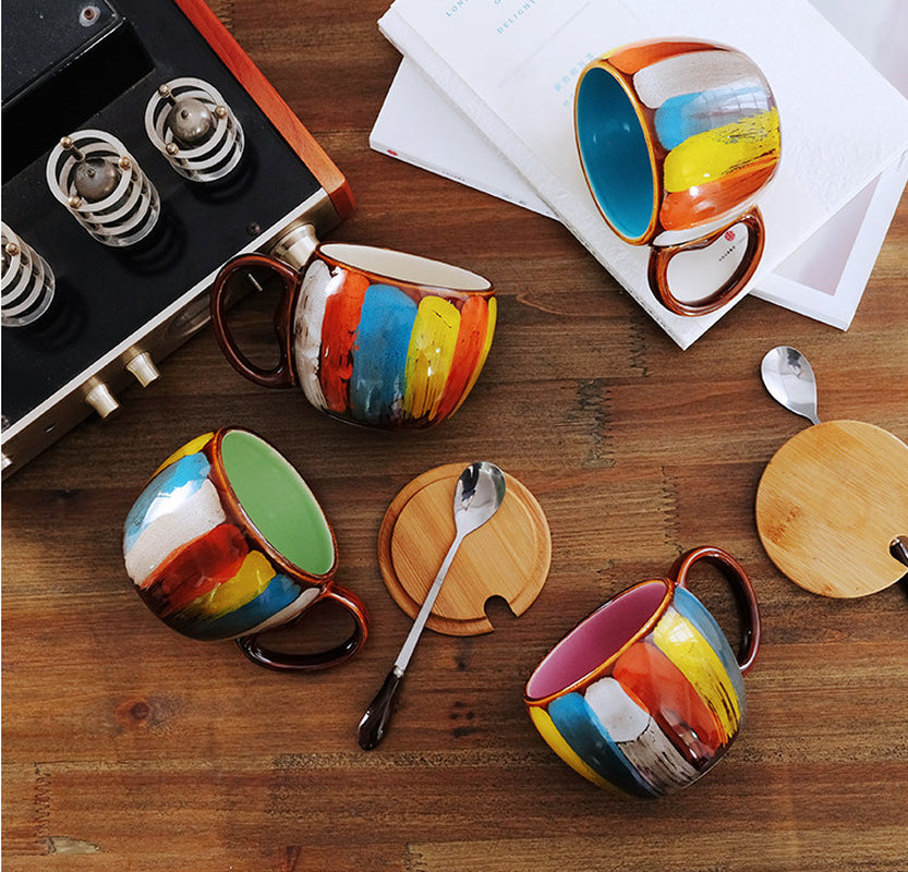 Creative Ceramic Cup Milk Cup Water Cup Coffee Cup Breakfast Cup Couple Cup to Cup Mug with Lid Spoon