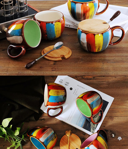 Creative Ceramic Cup Milk Cup Water Cup Coffee Cup Breakfast Cup Couple Cup to Cup Mug with Lid Spoon