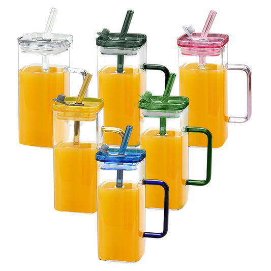 6 Pcs Glass Straw Cup, 6 Colors Square Glass Cup with Straw and Lid, High Borosilicate Glass Cup, Milk Cup, Juice Cup, Cold Drink Cup, Coffee Cup, Tea Cup, Office Cup, Gift Cup