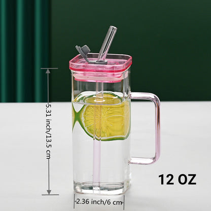 6 Pcs Glass Straw Cup, 6 Colors Square Glass Cup with Straw and Lid, High Borosilicate Glass Cup, Milk Cup, Juice Cup, Cold Drink Cup, Coffee Cup, Tea Cup, Office Cup, Gift Cup