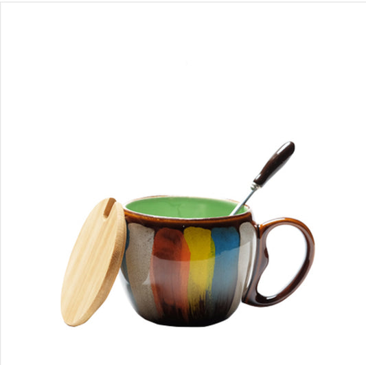 Creative Ceramic Cup Milk Cup Water Cup Coffee Cup Breakfast Cup Couple Cup to Cup Mug with Lid Spoon