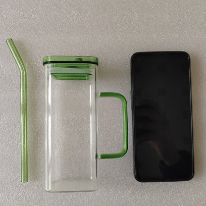 6 Pcs Glass Straw Cup, 6 Colors Square Glass Cup with Straw and Lid, High Borosilicate Glass Cup, Milk Cup, Juice Cup, Cold Drink Cup, Coffee Cup, Tea Cup, Office Cup, Gift Cup
